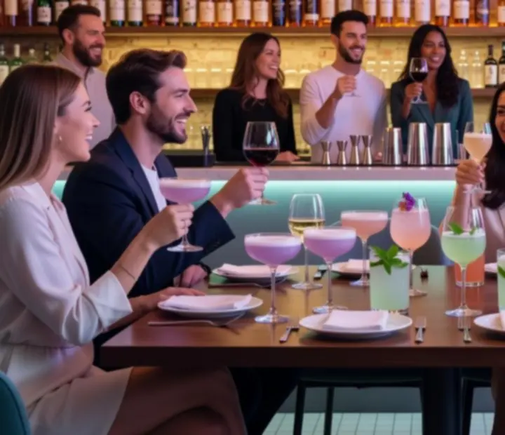 Kolorowe koktajle i kieliszki wina w restauracji Widoravelis