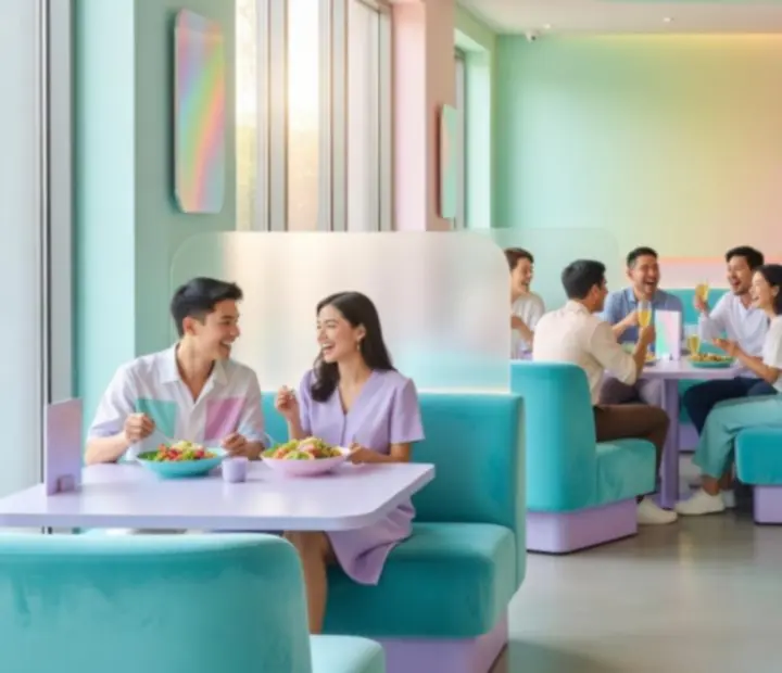 Goście w pastelowym wnętrzu restauracji podczas kolacji