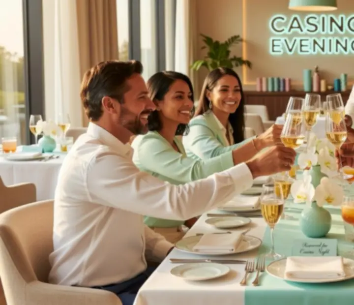 Grupowa rezerwacja stolików podczas wieczoru kasyno w restauracji Widoravelis