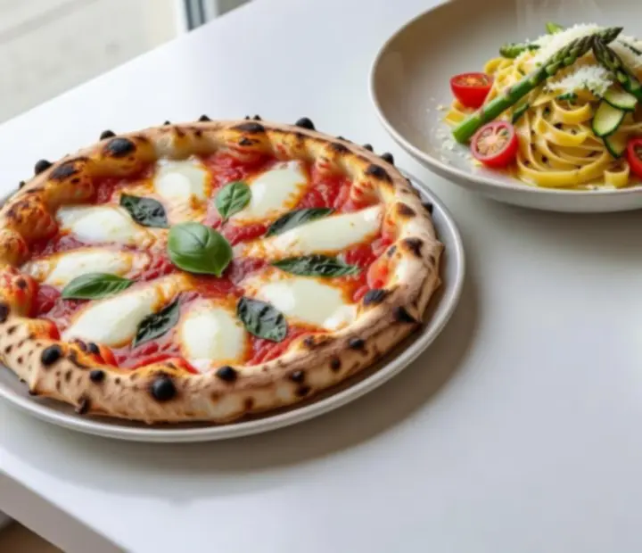 Kompozycja makaronu, pizzy i kolorowych dań w nowoczesnej restauracji