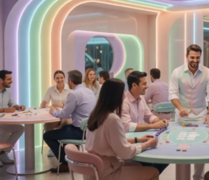 Sala restauracyjna Widoravelis podczas wieczoru z pokerem i gośćmi przy kolorowo oświetlonych stołach
